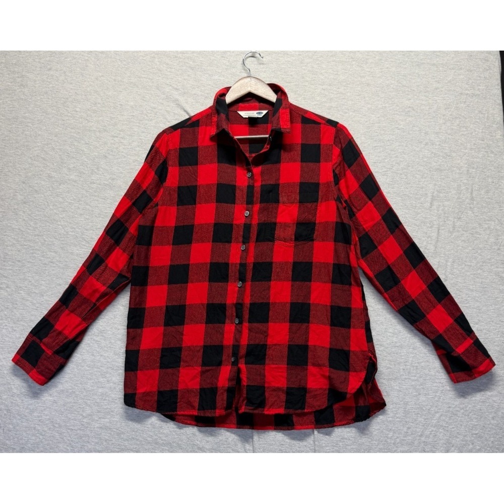 Old Navy The Classic Flannel Shirt Women Large Red Black Buffalo Plaid Button Up